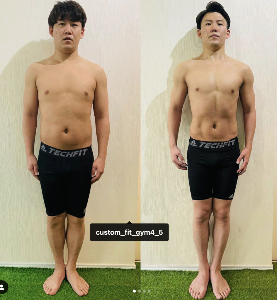 トレーニングを始めてからのおたけさんの体の変化を比較した画像